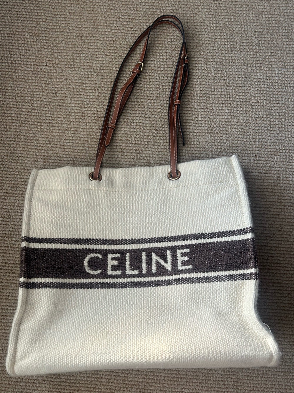 Celine Plein Soleil Tote with Brown Leather Straps and Logo Stripe